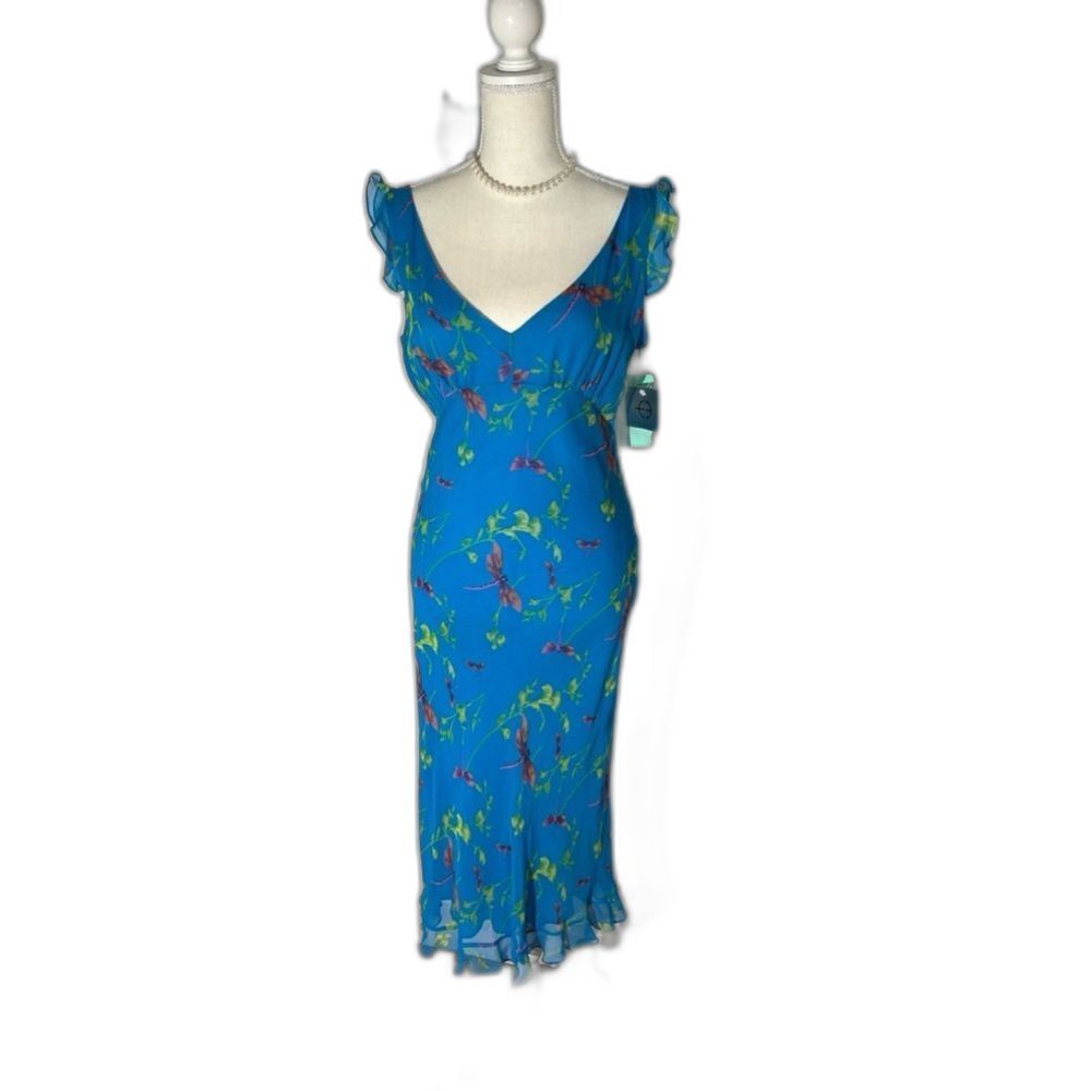 Tahari Women's V-Neck Blue Dragonfly Sleeveless Midi Dress | Size 10